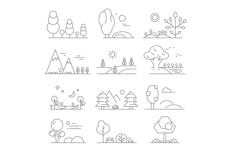 landscape-outline-mono-line-symbols-of-trees-and-outdoor-parks