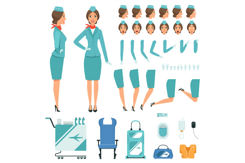 constructor-characters-of-stewardess-vector-mascot-creation-kit