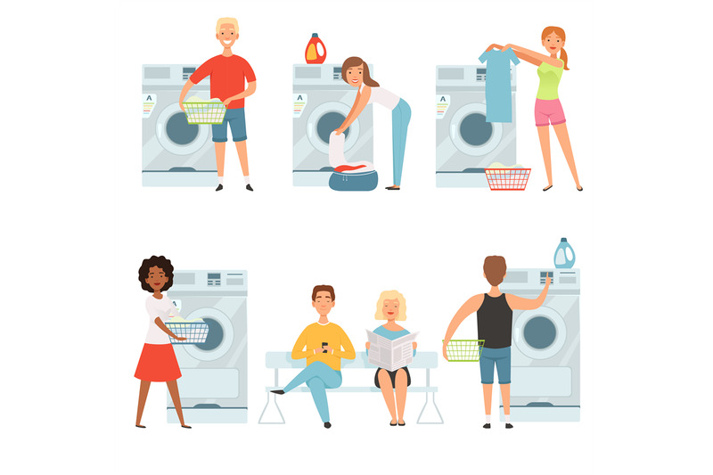 laundry-service-characters-vector-washing-house-mascot-design