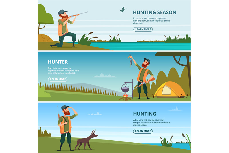 hunters-on-hunt-banners-cartoon-illustrations-of-hunting