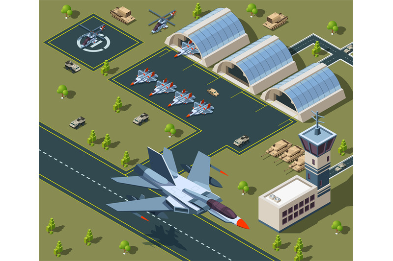 military-airport-isometric-low-poly-3d-of-usa-aircraft