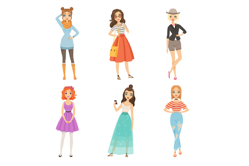 fashionable-girls-cartoon-female-characters-in-various-fashion-poses