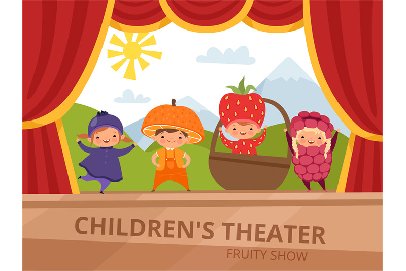 children-on-stage-kids-in-fruit-costumes-perform-at-school-party