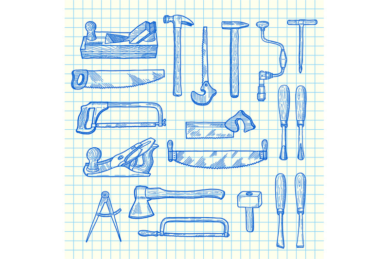 vector-hand-drawn-carpentry-elements-set-on-blue-cell-sheet-background