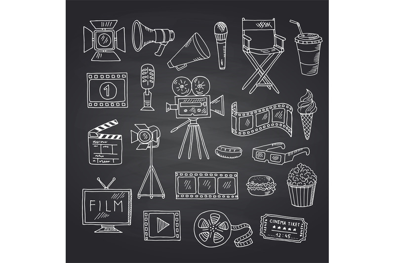 vector-cinema-doodle-icons-on-black-chalkboard-illustration