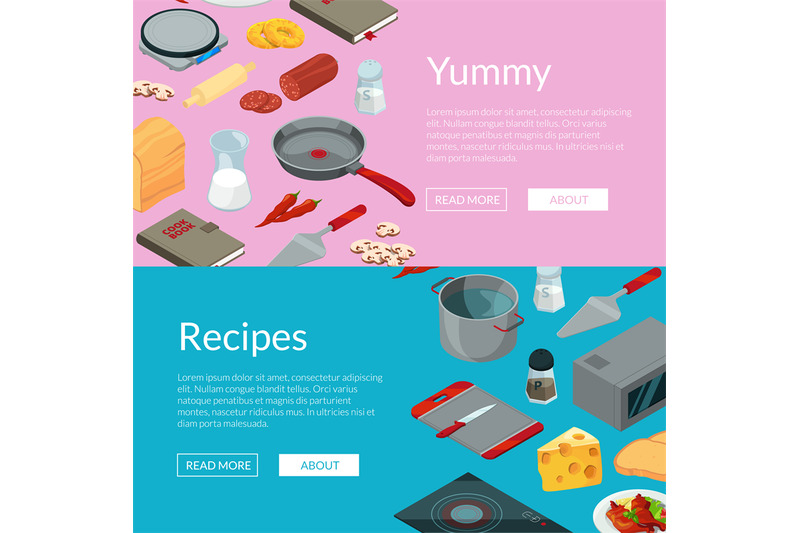 vector-cooking-food-isometric-objects-banners-illustration