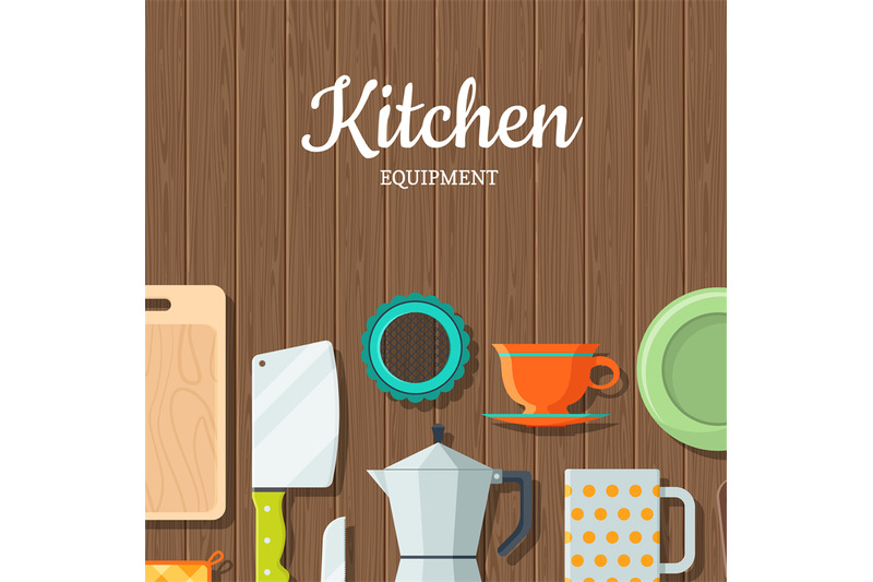 vector-kitchen-utensils-flat-icons-on-wooden-texture