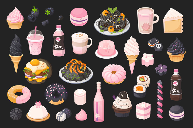 set-of-black-and-pink-foods-dishes-drinks-and-products