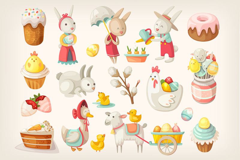 set-of-easter-icons-and-images-with-easter-bunny-and-easter-food