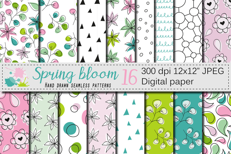 spring-floral-hand-drawn-seamless-digital-paper-pink-green-patterns