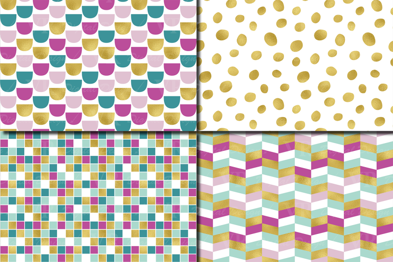 teal-magenta-and-gold-foil-seamless-geometric-patterns-digital-paper