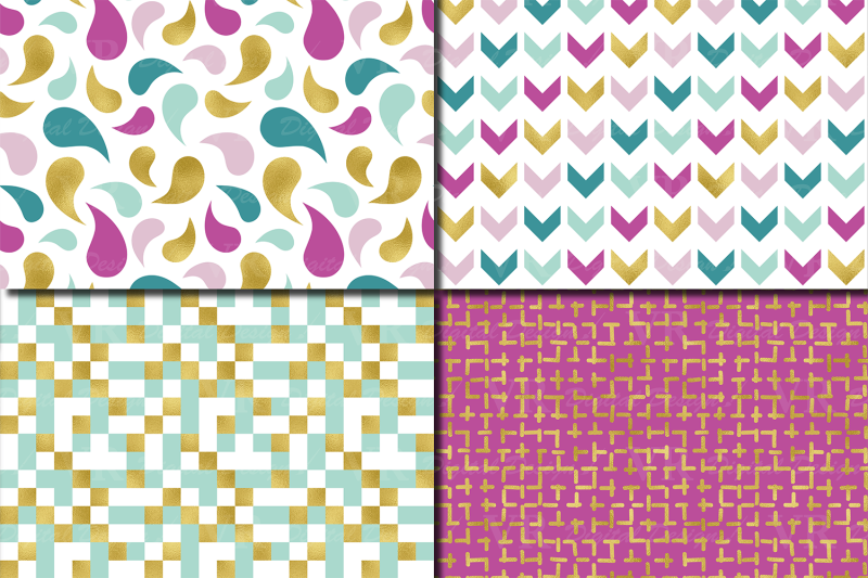 teal-magenta-and-gold-foil-seamless-geometric-patterns-digital-paper