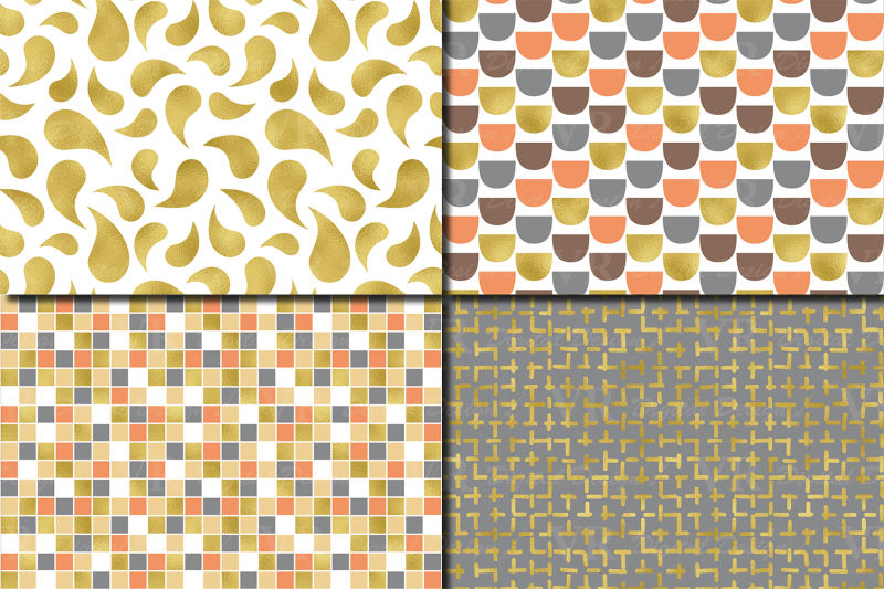 brown-orange-and-gold-foil-seamless-geometric-patterns-digital-paper