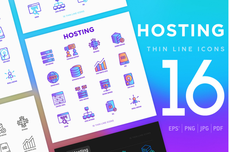 hosting-16-thin-line-icons-set