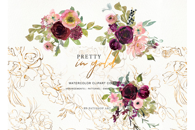 watercolor-burgundy-blush-and-gold-floral-bouquet-clipart
