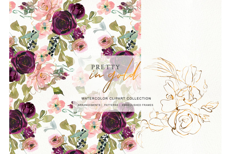 watercolor-burgundy-blush-and-gold-floral-bouquet-clipart