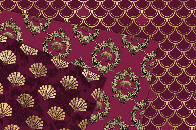 burgundy-and-gold-mermaid-digital-paper