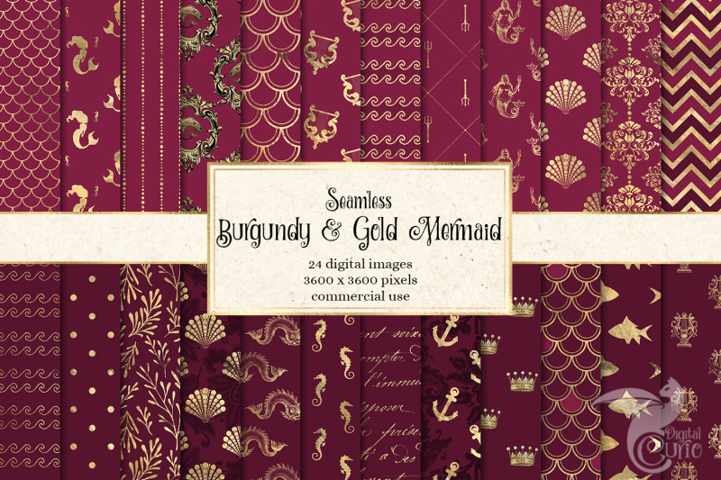 burgundy-and-gold-mermaid-digital-paper