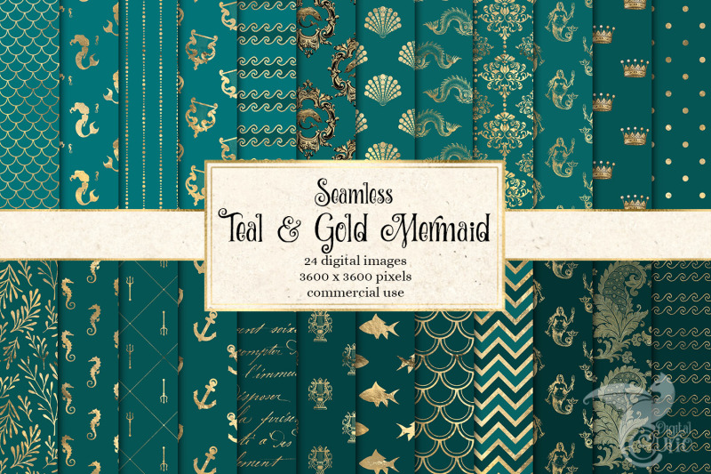 teal-and-gold-mermaid-digital-paper
