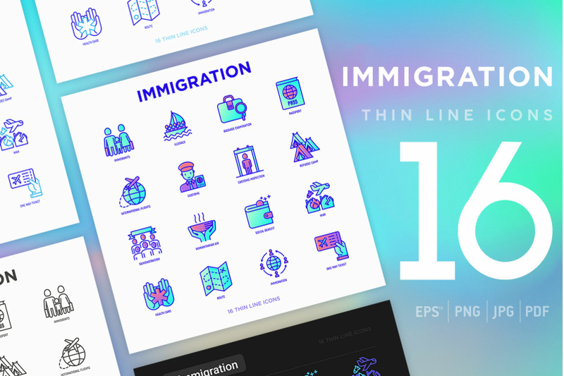 immigration-16-thin-line-icons-set