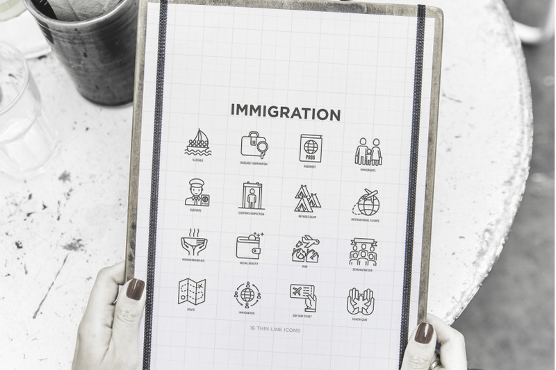 immigration-16-thin-line-icons-set