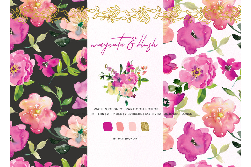 watercolor-magenta-and-blush-floral-bouquet-clipart