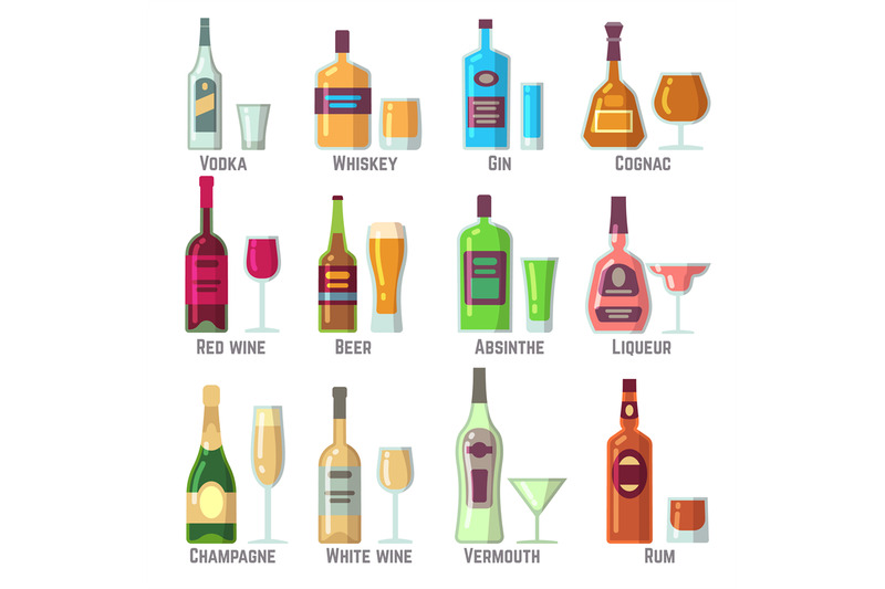 alcoholic-drinks-in-bottles-and-glasses-flat-vector-icons-set