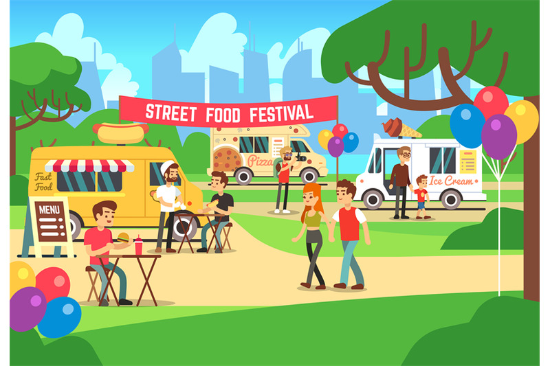 cartoon-street-food-festival-with-people-and-trucks-vector-background