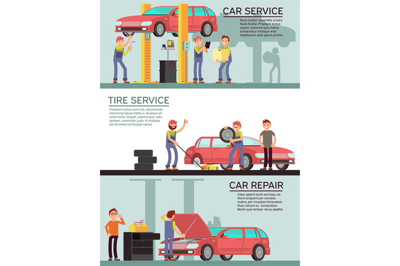 car-services-and-auto-garag-vector-marketing-banners-with-cartoon-mech