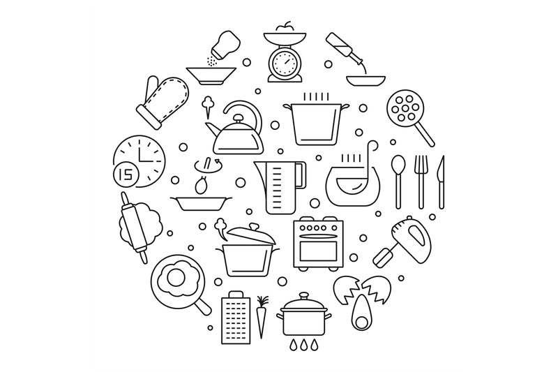 cooking-foods-and-kitchen-tools-thin-line-vector-icons