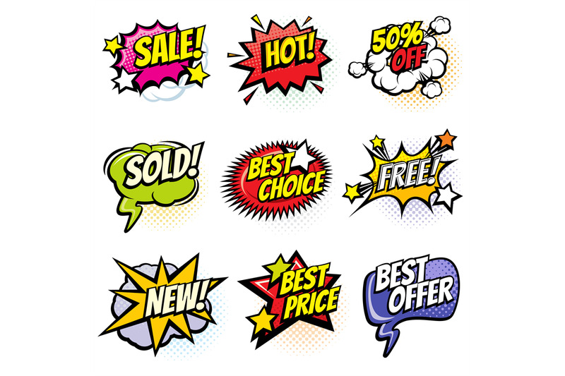 comic-speech-bubbles-with-promo-words-discount-sale-and-shopping-car