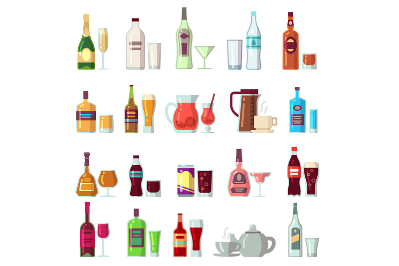 alcoholic-and-soft-drinks-beverages-in-glass-and-bottles-flat-vector