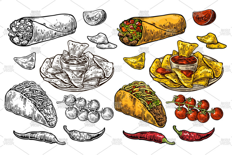 mexican-traditional-food-set-engraving