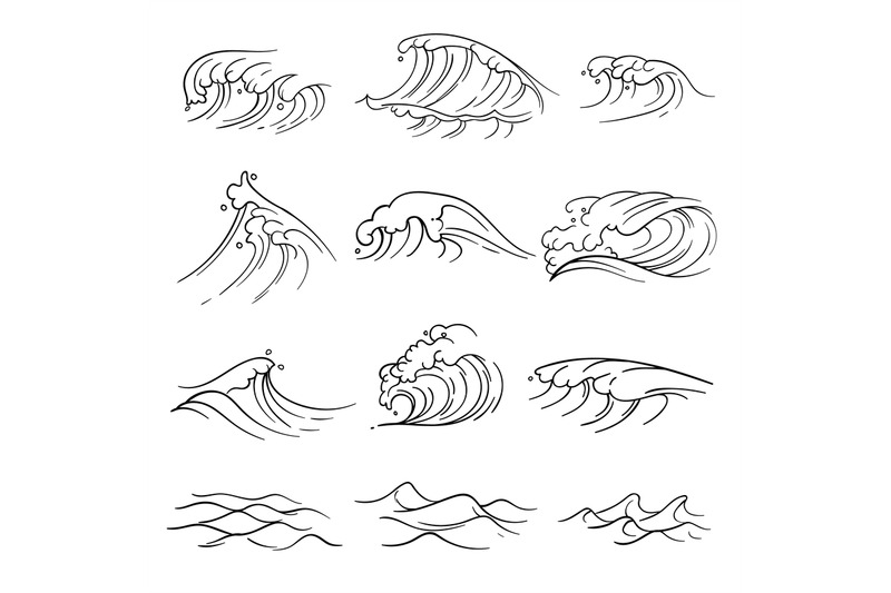 Hand drawn ocean waves vector set. Sea storm wave isolated By ...