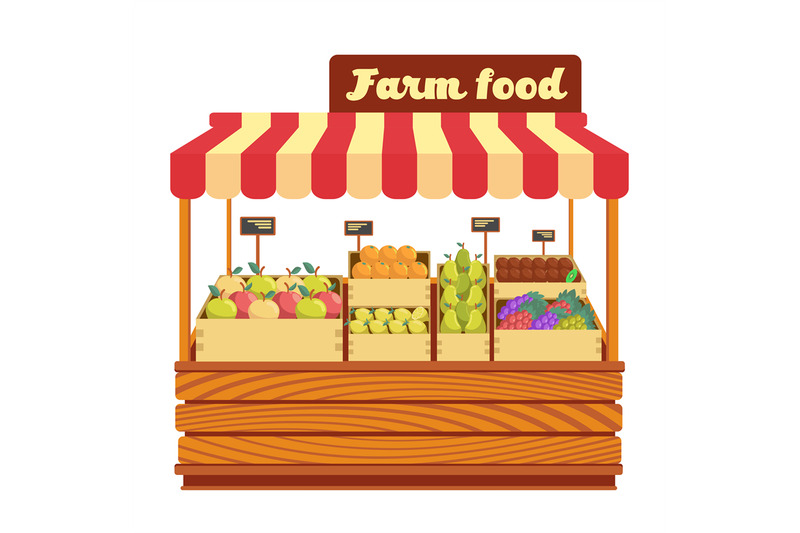 market-wood-stand-with-farm-food-and-vegetables-in-box-vector-illustra