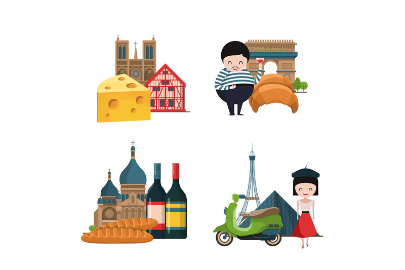 vector-cartoon-france-sights-and-objects-piles-set-illustration