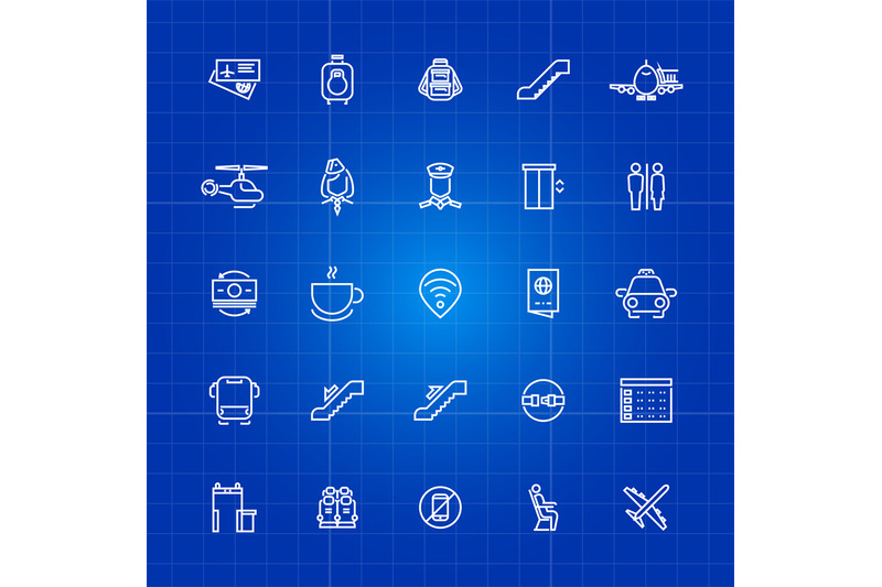 aviation-or-airport-outline-icons-set-on-blue-background