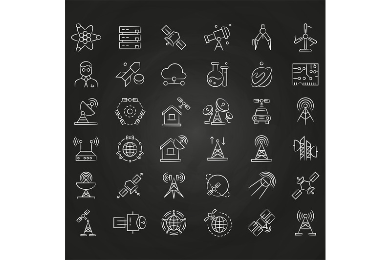 science-and-orbit-communication-thin-line-icons-on-chalkboard