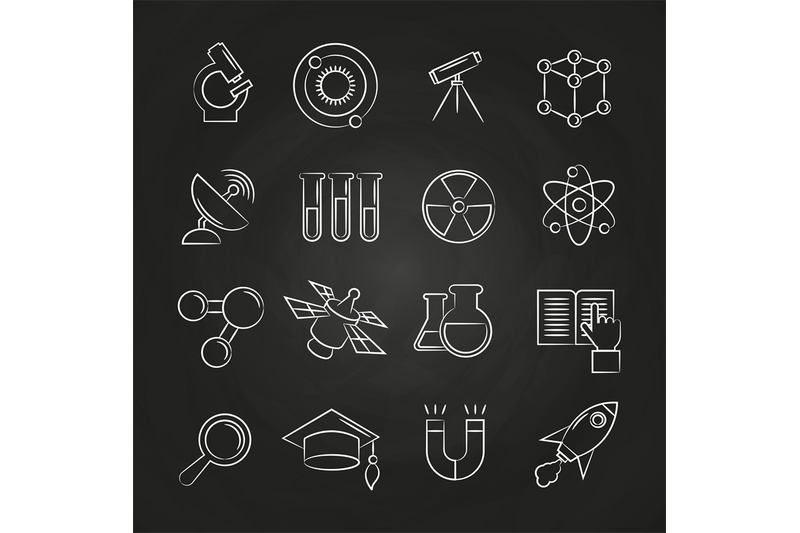 science-line-icons-set-on-chalkboard