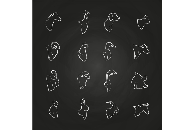 farm-animals-and-birds-heads-line-icons-on-chalkboard