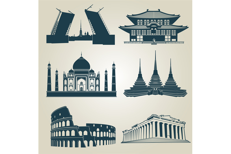 vector-silhouettes-of-world-tourist-attractions-famous-landmarks-and