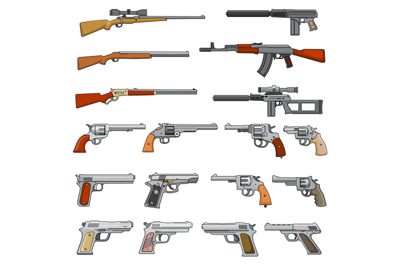 various-rifle-guns-and-pistols-cartoon-vector-weapons-icons