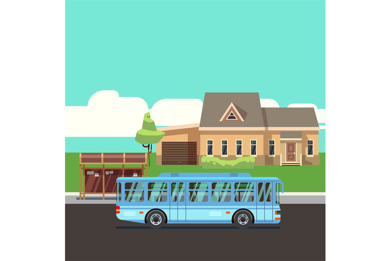 residential-house-with-bus-stop-and-blue-bus-flat-vector-illustraion