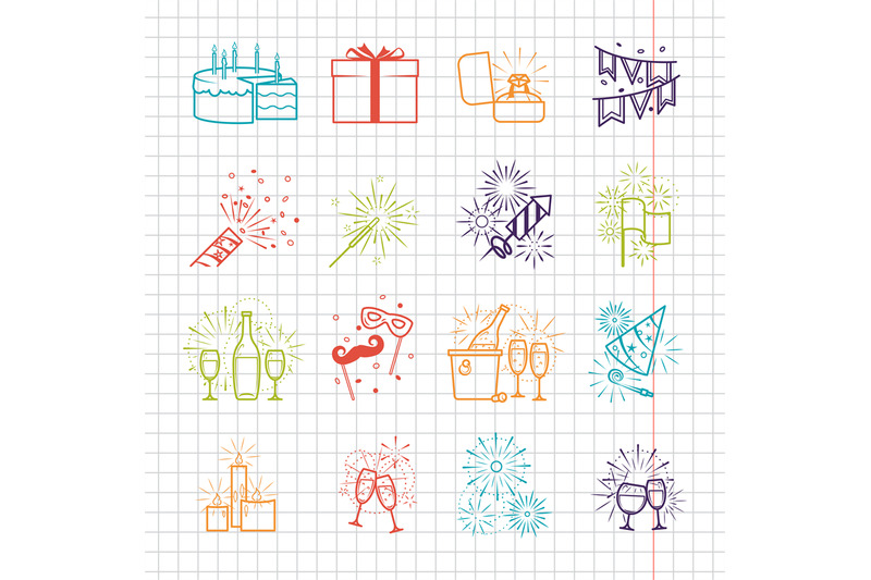 celebration-line-icons-with-drinks-garland-and-fireworks