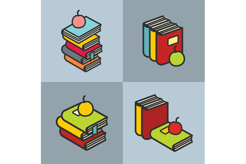 stack-of-books-with-apple-in-line-flat-style