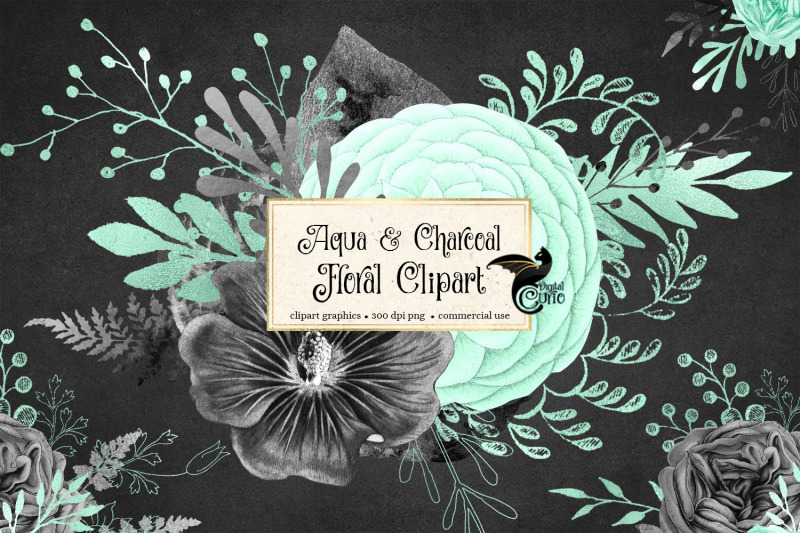 aqua-and-charcoal-floral-clipart