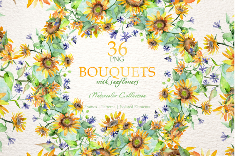 bouquets-with-sunflowers-watercolor-png