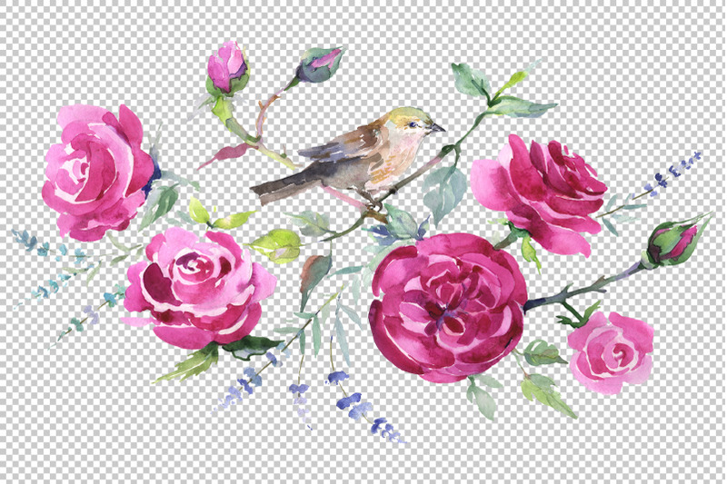 bouquet-with-roses-and-a-bird-watercolor-png