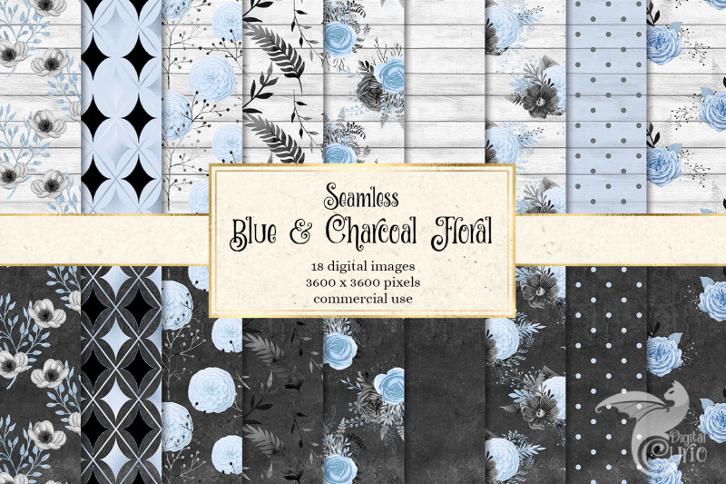 blue-and-charcoal-floral-digital-paper