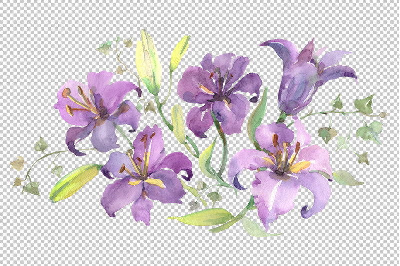 bouquet-with-purple-lilies-watercolor-png